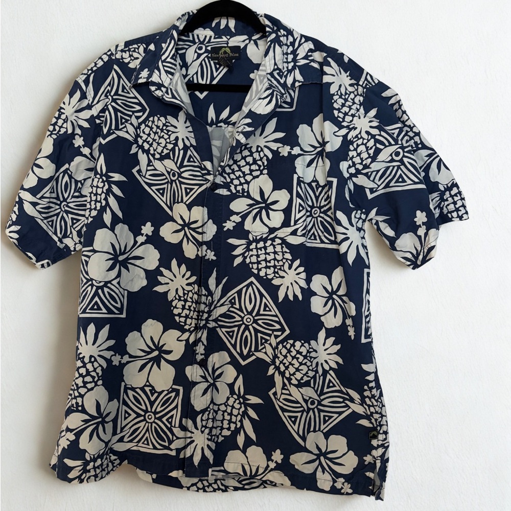 Newport Blue Navy and White Men's Hawaiian print shirt